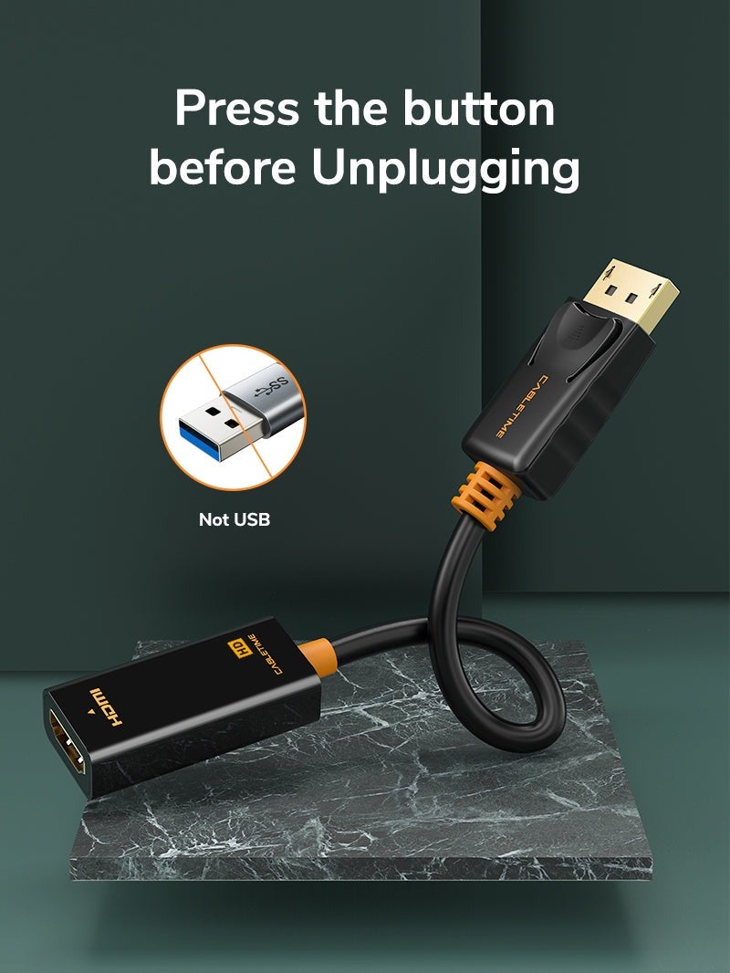 كابل تايم محول كابل تايم من منفذ العرض إلى منفذ HDMI، يدعم دقة Full HD (1920*1080 بكسل)/60 هرتز، غلاف من مادة PVC سوداء - Image 4